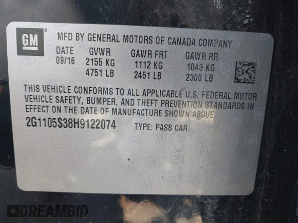 2017 Chevrolet Impala LT with VIN 2G1105S38H9122074, listed as a IAAI auction lot 42009183 with 84,251 mi miles and . Bid and sale history available at DreamBid. Image 9.