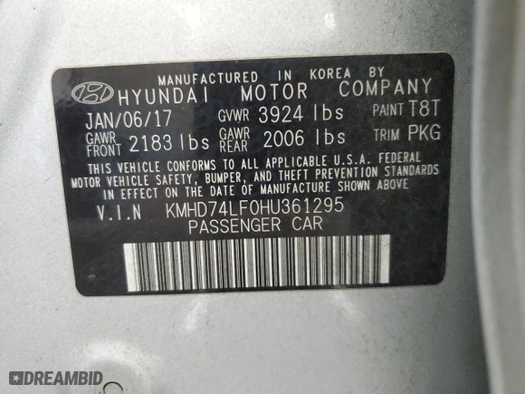 2017 Hyundai Elantra SE with VIN KMHD74LF0HU361295, listed as a Copart auction lot 49998625 with 96,829 mi miles and Clean Title. Bid and sale history available at carsss.com. Image 12.