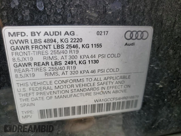 2017 Audi Q3 Prestige with VIN WA1GCCFS4HR016879, listed as a Copart auction lot 44361465 with 48,988 mi miles and Salvage Title. Bid and sale history available at carsss.com. Image 13.