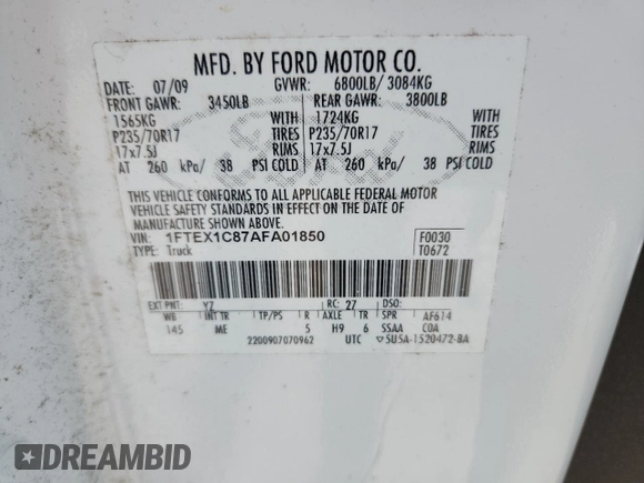 2010 Ford F-150 XL with VIN 1FTEX1C87AFA01850, listed as a Copart auction lot 63544455 with 107,615 mi miles and Salvage title. Bid and sale history available at DreamBid. Image 12.