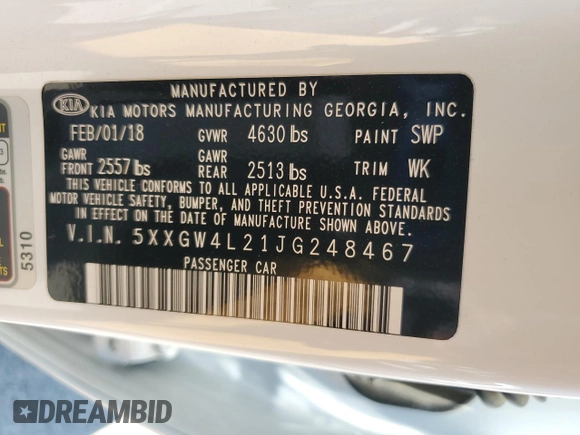 2018 Kia Optima SX with VIN 5XXGW4L21JG248467, listed as a Copart auction lot 62944715 with 55,829 mi miles and Salvage title. Bid and sale history available at DreamBid. Image 13.