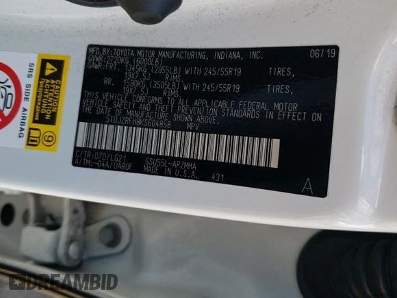 2019 Toyota Highlander SE with VIN 5TDJZRFH8KS604858, listed as a Copart auction lot 69157044 with 119,902 mi miles and Salvage title. Bid and sale history available at DreamBid. Image 16.