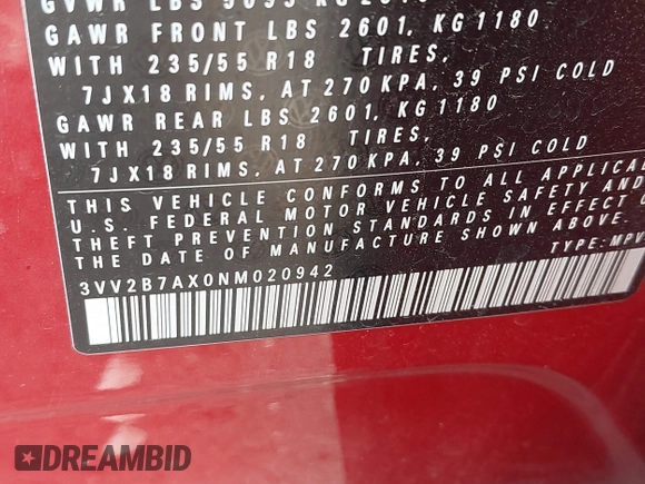 2022 Volkswagen Tiguan SE z VIN 3VV2B7AX0NM020942, wystawiony jako IAAI lot #42475302 z przebiegiem 26 353 mil mil oraz . Historia ofert i sprzedaży dostępna na DreamBid. Obrazek 9.