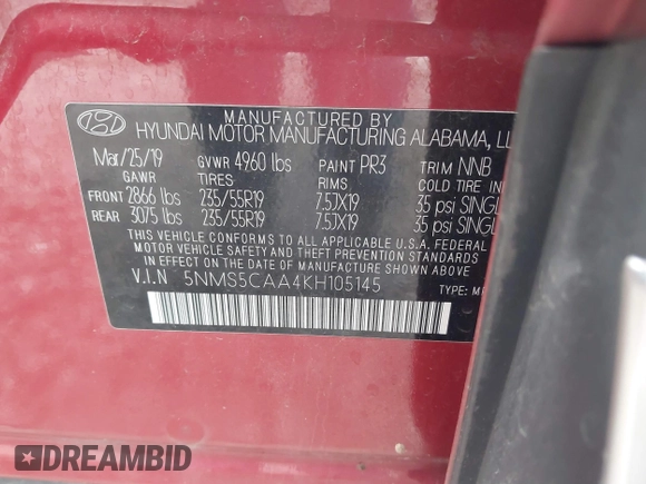 2019 Hyundai Santa Fe Ultimate with VIN 5NMS5CAA4KH105145, listed as a IAAI auction lot 41156214 with 54,796 mi miles and . Bid and sale history available at DreamBid. Image 9.