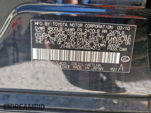 2010 Lexus IS 350 with VIN JTHBE5C26A5024312, listed as a Copart auction lot 58079355 with 165,912 mi miles and Salvage title. Bid and sale history available at DreamBid. Image 12.