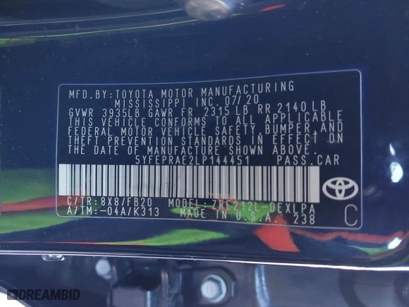 2020 Toyota Corolla LE with VIN 5YFEPRAE2LP144451, listed as a IAAI auction lot 41448873 with 30,843 mi miles. Bid and sale history available at carsss.com. Image 9.