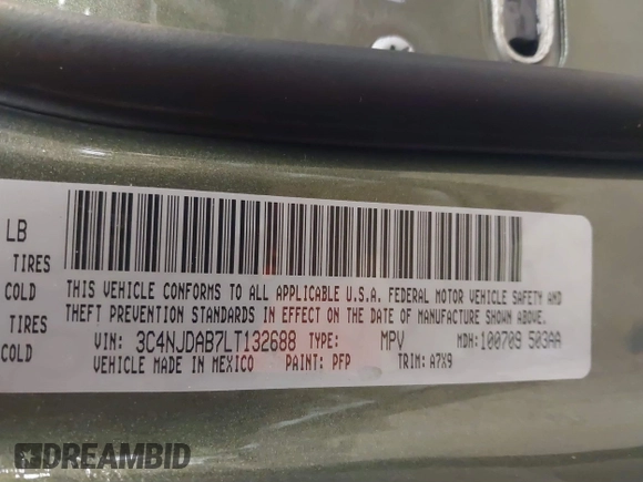 2020 Jeep Compass Sport with VIN 3C4NJDAB7LT132688, listed as a IAAI auction lot 41262430 with 91,167 mi miles and . Bid and sale history available at DreamBid. Image 9.
