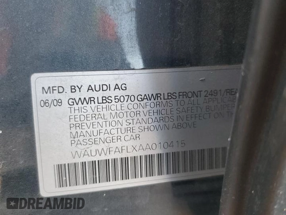 2010 Audi A4 2.0T Premium Plus with VIN WAUWFAFLXAA010415, listed as a Copart auction lot 78613574 with 184,094 mi miles and Salvage Title. Bid and sale history available at carsss.com. Image 12.
