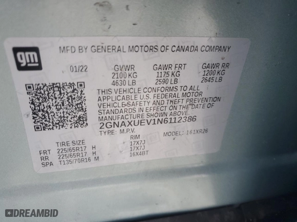 2022 Chevrolet Equinox LT with VIN 2GNAXUEV1N6112386, listed as a Copart auction lot 48465965 with 0 mi miles and Salvage Title. Bid and sale history available at carsss.com. Image 13.