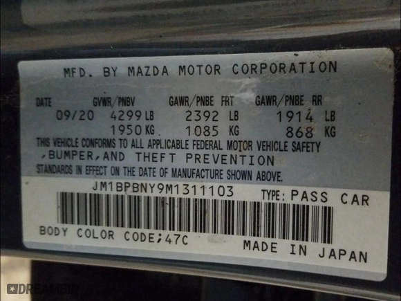 2021 Mazda Mazda3 Hatchback 2.5 Turbo Premium Plus with VIN JM1BPBNY9M1311103, listed as a Copart auction lot 37416771 with 0 mi miles. Bid and sale history available at carsss.com. Image 10.