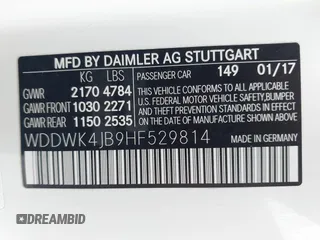2017 Mercedes-Benz C 300 with VIN WDDWK4JB9HF529814, listed as a IAAI auction lot 42018870 with 39,062 mi miles and . Bid and sale history available at DreamBid. Image 9.
