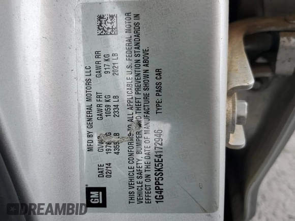 2014 Buick Verano with VIN 1G4PP5SK5E4172946, listed as a Copart auction lot 51696895 with 88,348 mi miles and Salvage Title. Bid and sale history available at DreamBid. Image 12.