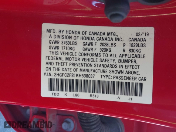 2019 Honda Civic Sport with VIN 2HGFC2F81KH538037, listed as a IAAI auction lot 41377964 with 72,560 mi miles and . Bid and sale history available at DreamBid. Image 9.