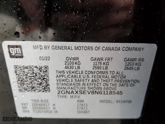 2022 Chevrolet Equinox LS with VIN 2GNAXSEV8N6118545, listed as a Copart auction lot 85047934 with 11,169 mi miles and Salvage Title. Bid and sale history available at carsss.com. Image 15.
