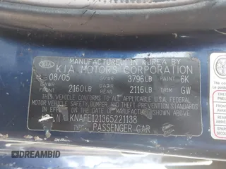 2006 Kia Spectra EX with VIN KNAFE121365221138, listed as a IAAI auction lot 41855171 with 158,425 mi miles. Bid and sale history available at carsss.com. Image 9.