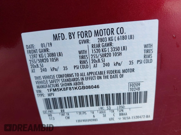 2019 Ford Explorer Limited with VIN 1FM5K8F81KGB08046, listed as a IAAI auction lot 41565493 with 86,051 mi miles and . Bid and sale history available at DreamBid. Image 9.