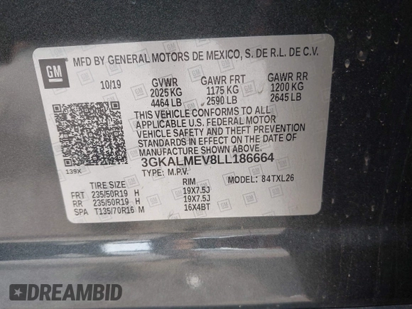 2020 GMC Terrain SLE with VIN 3GKALMEV8LL186664, listed as a IAAI auction lot 42266140 with 82,291 mi miles and . Bid and sale history available at DreamBid. Image 9.
