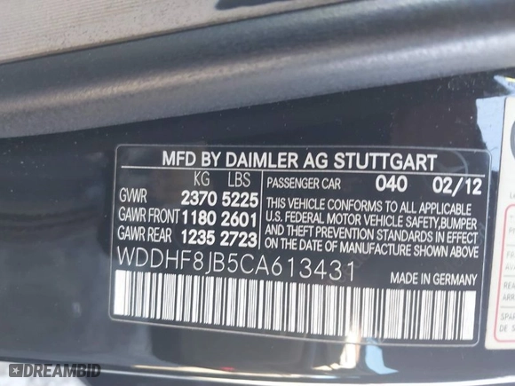 2012 Mercedes-Benz E-Class E 350 Luxury with VIN WDDHF8JB5CA613431, listed as a IAAI auction lot 41693043 with 126,721 mi miles. Bid and sale history available at carsss.com. Image 9.