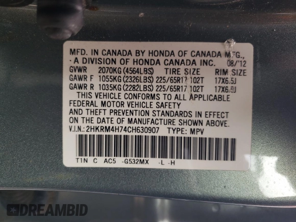 2012 Honda CR-V EX-L with VIN 2HKRM4H74CH630907, listed as a Copart auction lot 49609245 with 97,964 mi miles and Salvage Title. Bid and sale history available at carsss.com. Image 15.