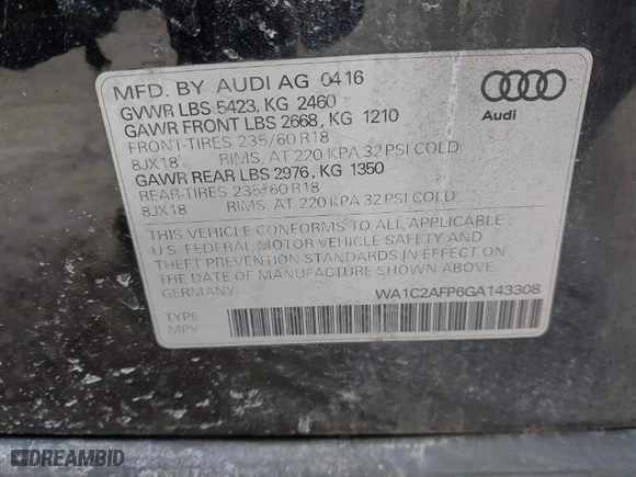 2016 Audi Q5 Premium with VIN WA1C2AFP6GA143308, listed as a IAAI auction lot 41706152 with 115,017 mi miles. Bid and sale history available at carsss.com. Image 9.