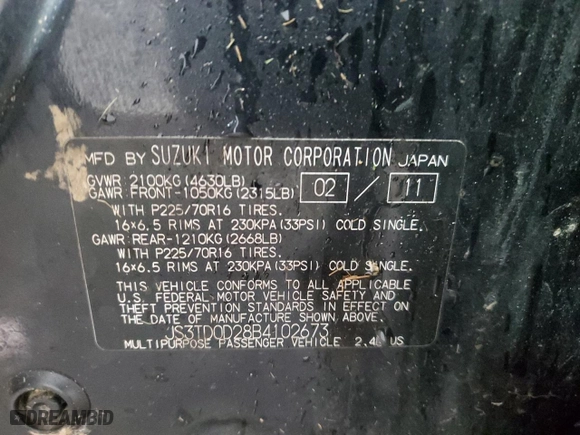2011 Suzuki Grand Vitara Premium with VIN JS3TD0D28B4102673, listed as a Copart auction lot 43216005 with 141,726 mi miles and Salvage Title. Bid and sale history available at carsss.com. Image 13.