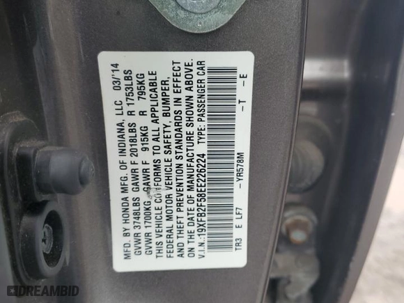 2014 Honda Civic Sedan LX with VIN 19XFB2F58EE226224, listed as a Copart auction lot 45057845 with 118,558 mi miles and Salvage Title. Bid and sale history available at carsss.com. Image 12.