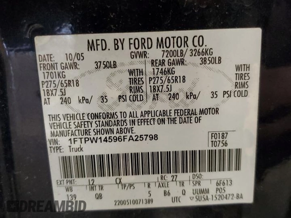 2006 Ford F-150 XLT with VIN 1FTPW14596FA25798, listed as a Copart auction lot 62671295 with 135,903 mi miles and Salvage title. Bid and sale history available at DreamBid. Image 12.
