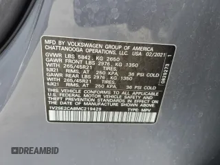 2021 Volkswagen Atlas SEL with VIN 1V2SE2CA8MC219429, listed as a Copart auction lot 51697165 with 70,788 mi miles and Salvage title. Bid and sale history available at DreamBid. Image 14.
