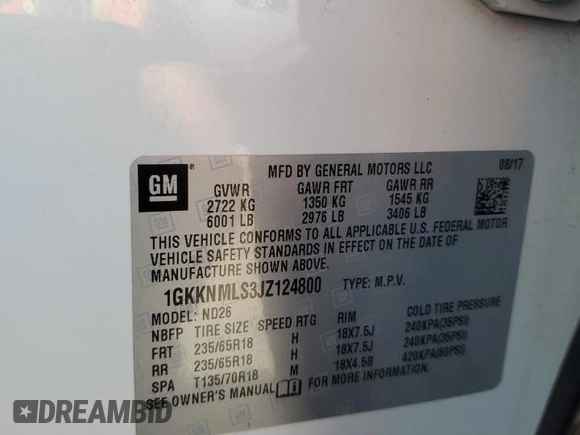 2018 GMC Acadia SLT z VIN 1GKKNMLS3JZ124800, wystawiony jako Copart lot #56323795 z przebiegiem 184 070 mil mil oraz Szkoda całkowita • Salvage title. Historia ofert i sprzedaży dostępna na DreamBid. Obrazek 14.