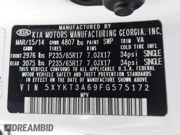 2015 Kia Sorento LX with VIN 5XYKT3A69FG575172, listed as a IAAI auction lot 42151412 with 161,823 mi miles and . Bid and sale history available at carsss.com. Image 9.