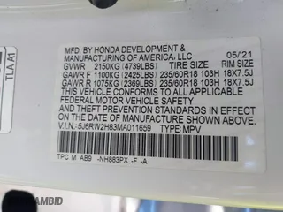 2021 Honda CR-V EX-L with VIN 5J6RW2H83MA011659, listed as a IAAI auction lot 41775760 with 1 mi miles. Bid and sale history available at carsss.com. Image 9.