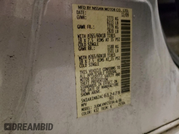 2010 Nissan Pathfinder LE with VIN 5N1AR1NB2AC612478, listed as a Copart auction lot 61053515 with Not provided miles and Non repairable. Bid and sale history available at DreamBid. Image 13.