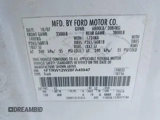 2008 Ford F-150 XL with VIN 1FTRW12W28FA45947, listed as a IAAI auction lot 42530629 with 259,844 mi miles and . Bid and sale history available at DreamBid. Image 9.