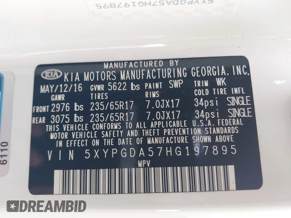 2017 Kia Sorento LX z VIN 5XYPGDA57HG197895, wystawiony jako IAAI lot #42265132 z przebiegiem 100 154 mil mil oraz . Historia ofert i sprzedaży dostępna na DreamBid. Obrazek 9.