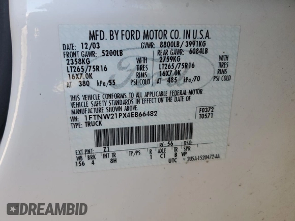 2004 Ford F-250 XL with VIN 1FTNW21PX4EB66482, listed as a Copart auction lot 57772755 with 118,054 mi miles and Clean title. Bid and sale history available at DreamBid. Image 12.