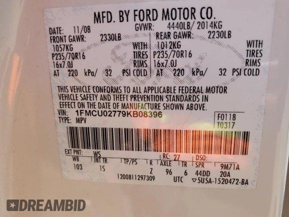 2009 Ford Escape XLS z VIN 1FMCU02779KB08396, wystawiony jako Copart lot #80984104 z przebiegiem 194 743 mil mil oraz Szkoda całkowita • Salvage title. Historia ofert i sprzedaży dostępna na DreamBid. Obrazek 12.