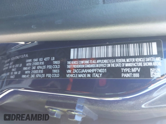 2017 Jeep Renegade Sport z VIN ZACCJAAH4HPF74031, wystawiony jako IAAI lot #41391549 z przebiegiem 81 780 mil mil oraz . Historia ofert i sprzedaży dostępna na DreamBid. Obrazek 9.