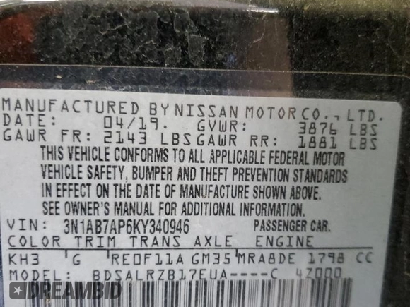 2019 Nissan Sentra S with VIN 3N1AB7AP6KY340946, listed as a Copart auction lot 53233165 with 72,165 mi miles and Salvage Title. Bid and sale history available at carsss.com. Image 13.