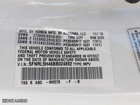 2011 Honda Odyssey EX with VIN 5FNRL5H46BB024892, listed as a IAAI auction lot 41752663 with 137,681 mi miles. Bid and sale history available at carsss.com. Image 9.