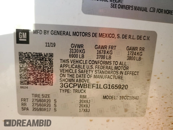 2020 Chevrolet Silverado 1500 Custom with VIN 3GCPWBEF1LG165920, listed as a Copart auction lot 81348844 with 67,801 mi miles and Salvage Title. Bid and sale history available at carsss.com. Image 13.