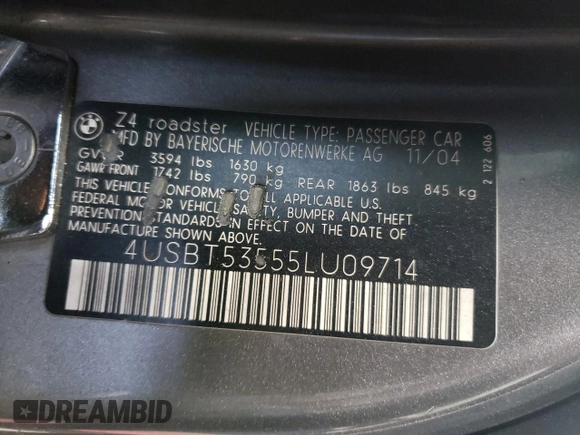2005 BMW Z4 3.0i with VIN 4USBT53555LU09714, listed as a Copart auction lot 43445835 with 157,587 mi miles and Clean title. Bid and sale history available at DreamBid. Image 12.