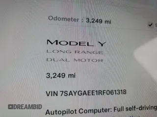2024 Tesla Model Y Long Range with VIN 7SAYGAEE1RF061318, listed as a Copart auction lot 81142444 with 3,249 mi miles and Salvage Title. Bid and sale history available at DreamBid. Image 9.