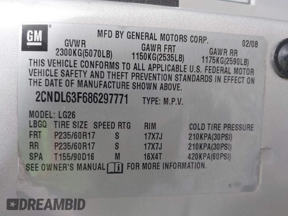 2008 Chevrolet Equinox LT with VIN 2CNDL63F686297771, listed as a IAAI auction lot 41740515 with 113,393 mi miles. Bid and sale history available at carsss.com. Image 9.