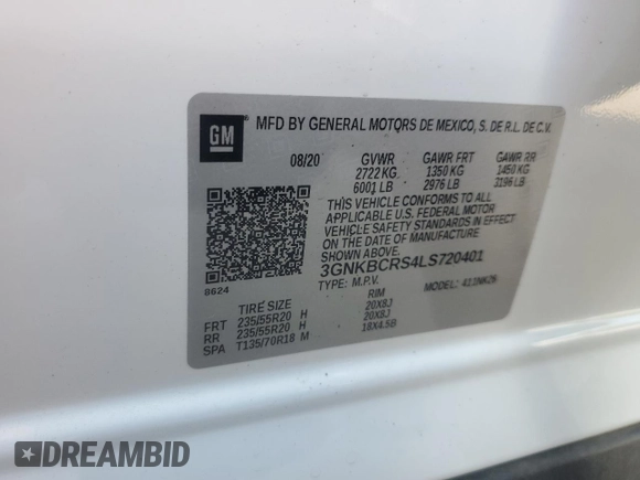 2020 Chevrolet Blazer LT with VIN 3GNKBCRS4LS720401, listed as a Copart auction lot 60222385 with 69,191 mi miles and Salvage title. Bid and sale history available at DreamBid. Image 13.