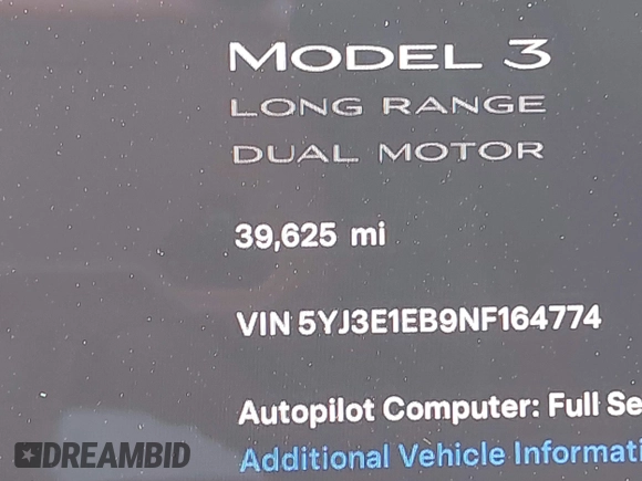 2022 Tesla Model 3 Long Range with VIN 5YJ3E1EB9NF164774, listed as a IAAI auction lot 41915755 with 39,625 mi miles and . Bid and sale history available at DreamBid. Image 15.