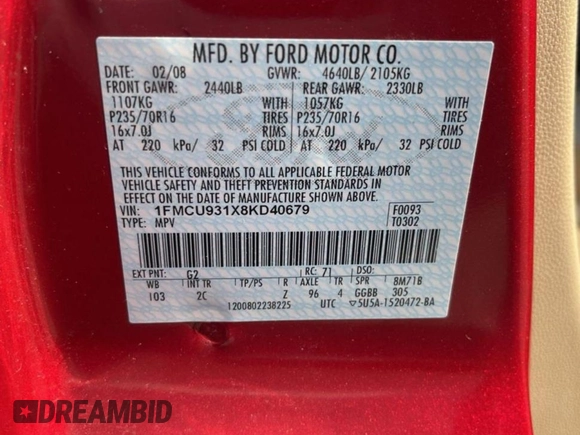 2008 Ford Escape XLT with VIN 1FMCU931X8KD40679, listed as a Copart auction lot 58637585 with 135,391 mi miles and Clean title. Bid and sale history available at DreamBid. Image 10.