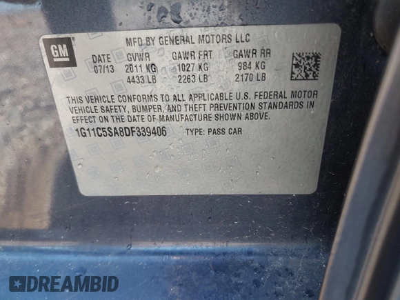 2013 Chevrolet Malibu LT with VIN 1G11C5SA8DF339406, listed as a IAAI auction lot 40851288 with Not Provided miles and . Bid and sale history available at DreamBid. Image 9.