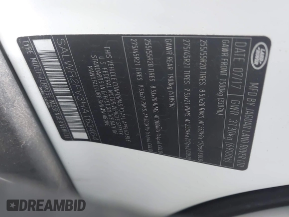 2017 Land Rover Range Rover Sport HSE with VIN SALWR2FV3HA163464, listed as a IAAI auction lot 42463581 with 65,863 mi miles and . Bid and sale history available at DreamBid. Image 9.