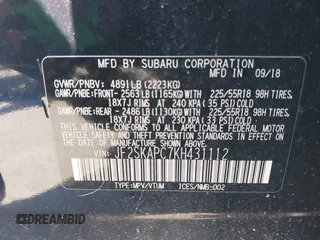 2019 Subaru Forester Special Sports with VIN JF2SKAPC7KH431112, listed as a IAAI auction lot 41771737 with 63,095 mi miles and . Bid and sale history available at DreamBid. Image 9.