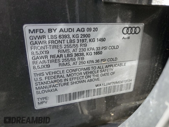 2021 Audi Q7 Premium Plus с VIN WA1LJAF70MD013134, выставлен на аукционе Copart как лот 56792195 с пробегом Не указан миль и Списание • Salvage title. История ставок и продаж доступна на DreamBid. Изображение 14.